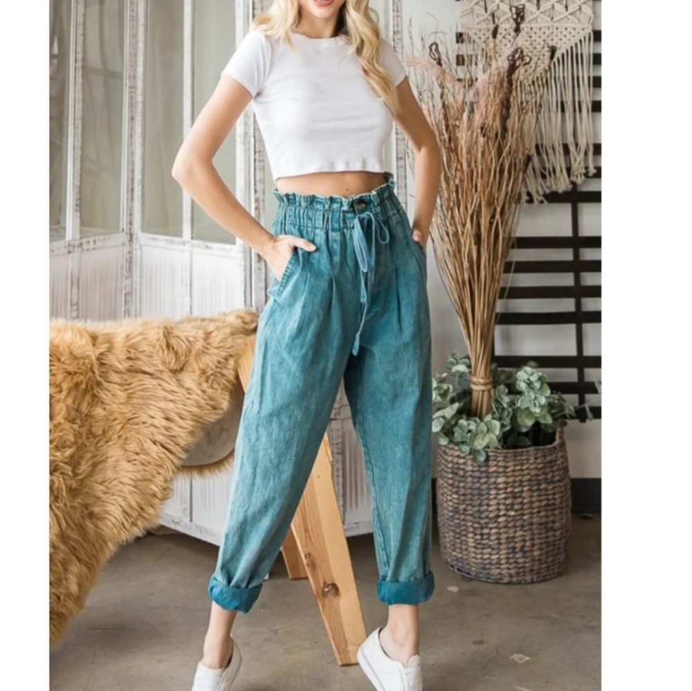 Oli & Hali Teal Wash Paperbag Boyfriend Jeans